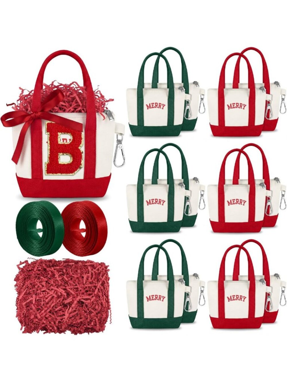 12 Pcs Christmas Mini Canvas Tote Bags with Alphabet Stickers for DIY Crafts